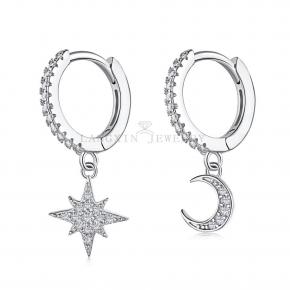 Star Moon Dangle 925 Sterling Silver Hoop Earrings