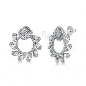 S925 Silver Hoop Circle Sun Shape Diamond Earrings