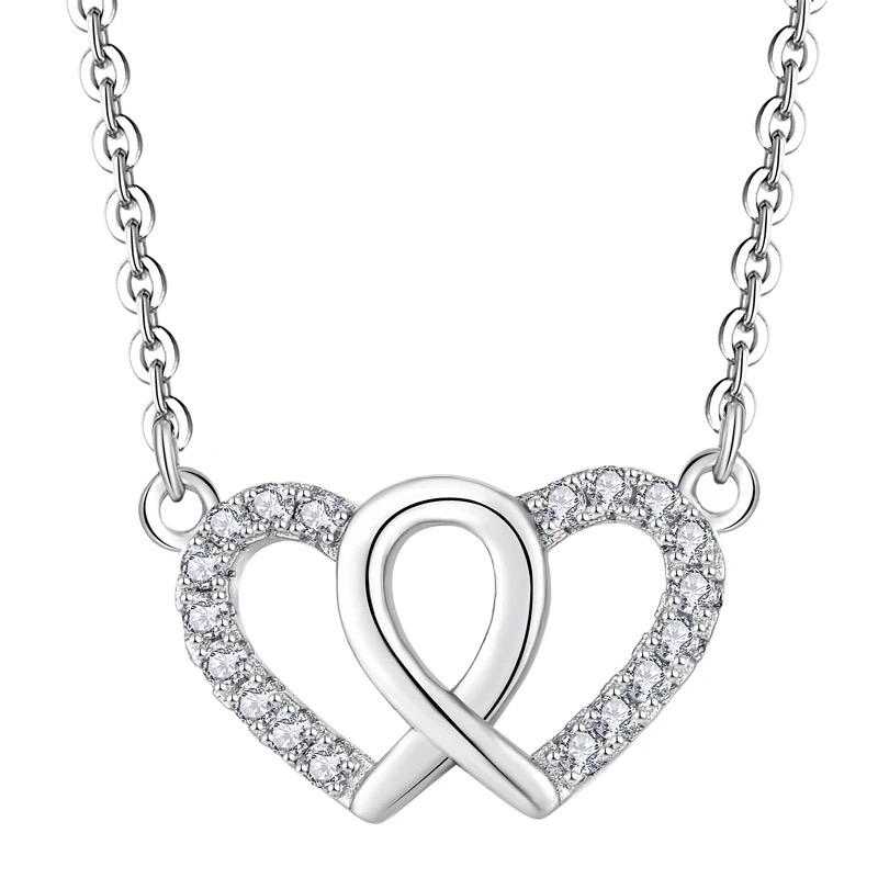 BLING oem jewelry cubic zirconia S925 sterling silver double heart necklace